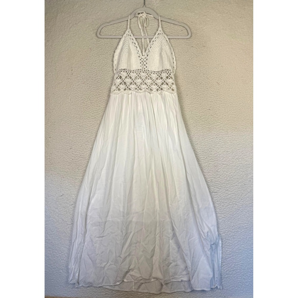 LILBETTER Dress Womens M White Crochet Halter Backless Maxi Boho Bridal Beach